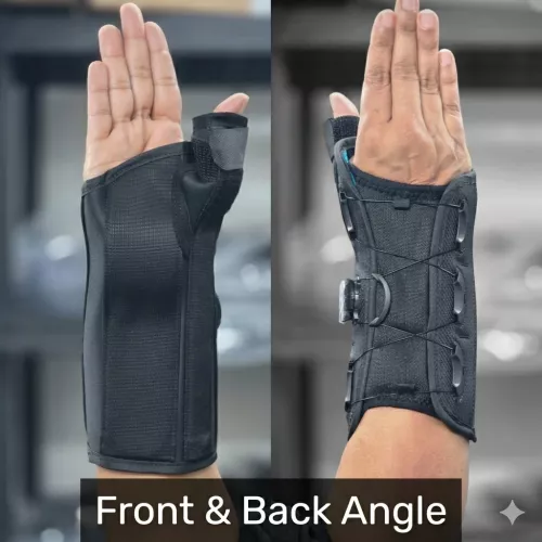 Medical-grade thumb spica brace for De Quervain’s Tenosynovitis, featuring BOA dial closure system, dual stabilization stays, and comfort-focused blue inner lining